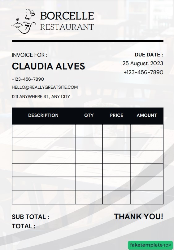 Feature of fake Restaurant invoice example